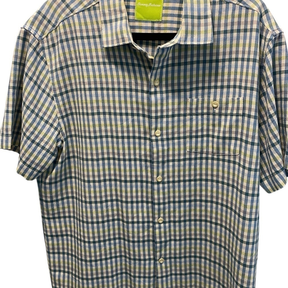 Tommy Bahama Silk Blue and Green Casual Button Down Shirt